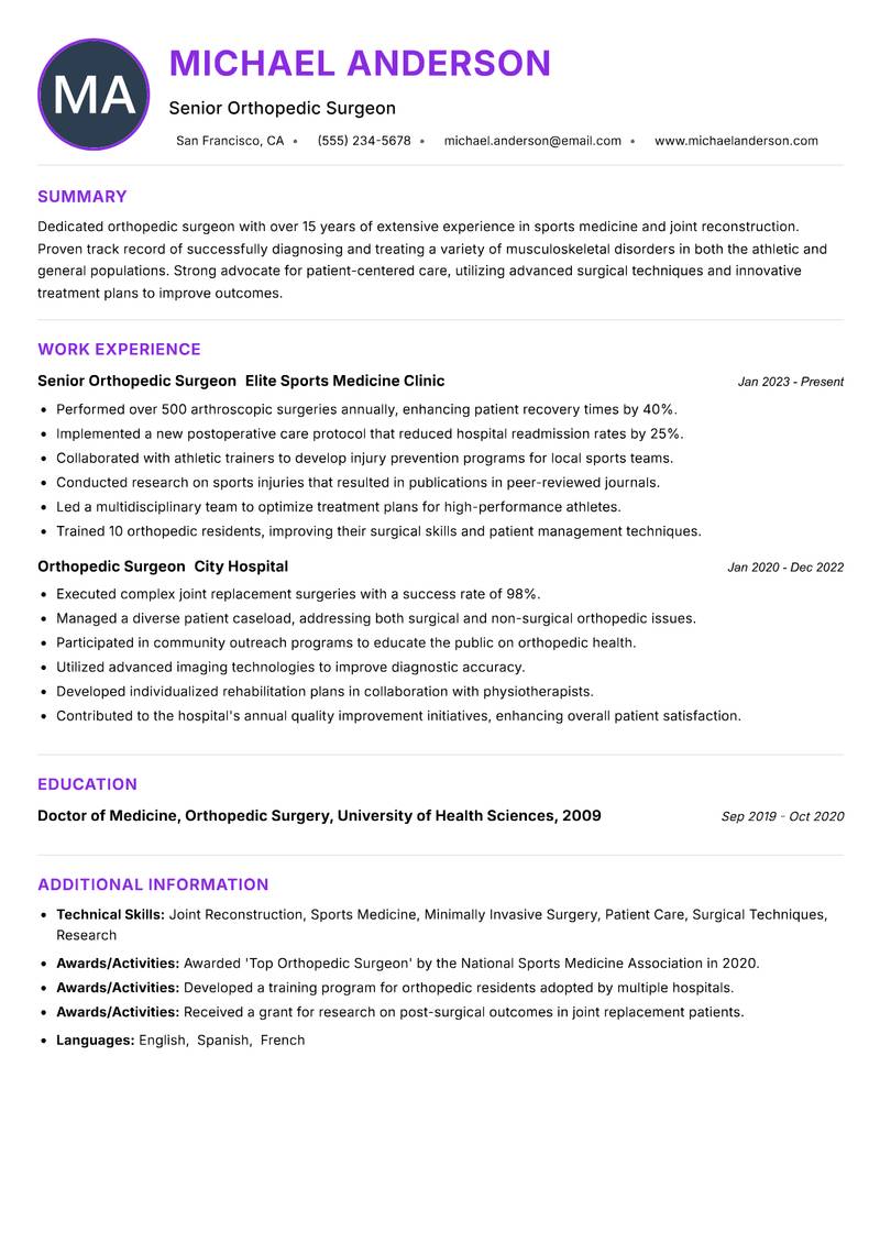 Orthopedic Surgeon Resume Preview Example