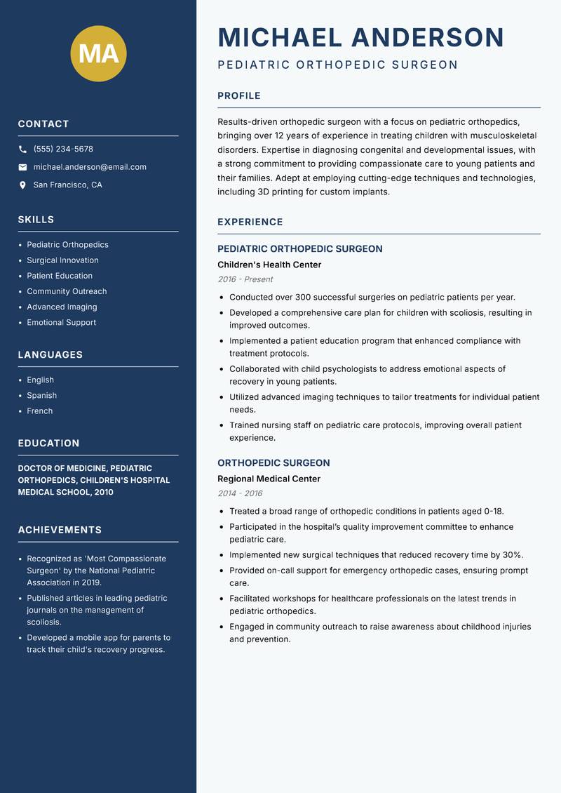 Orthopedic Surgeon Resume Preview Example
