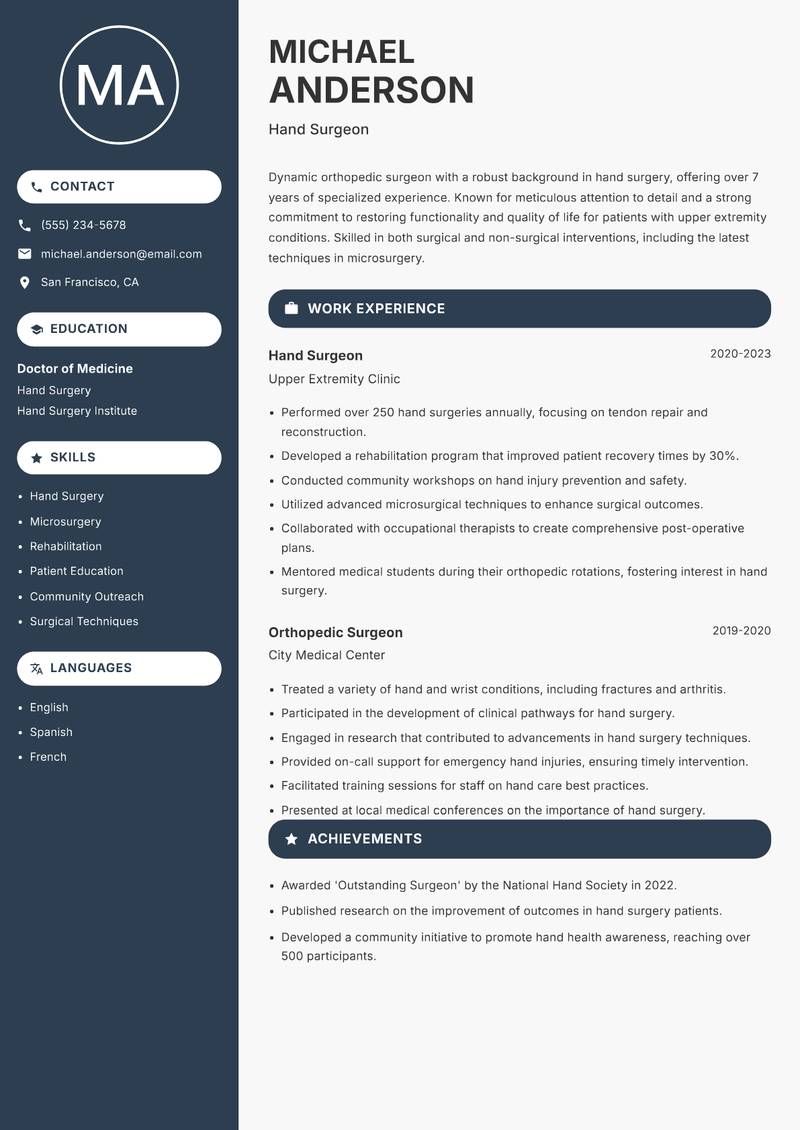 Orthopedic Surgeon Resume Preview Example