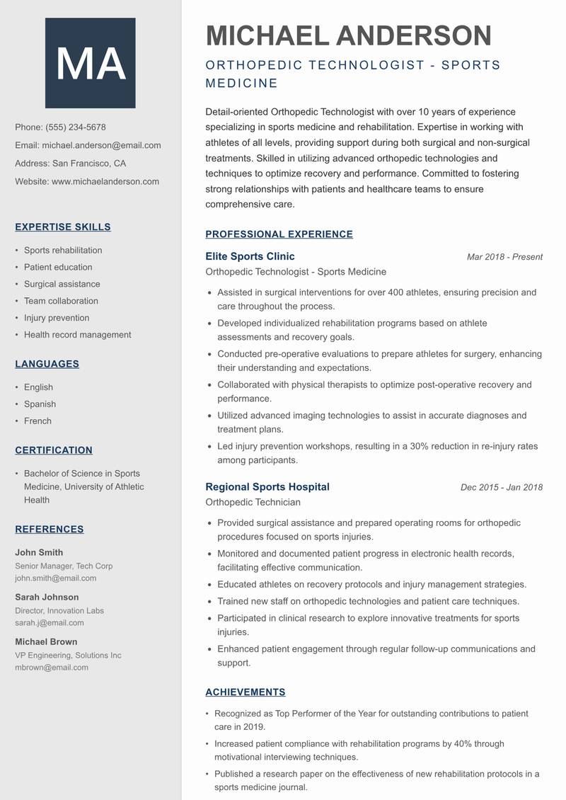 Orthopedic Technologist Resume Preview Example