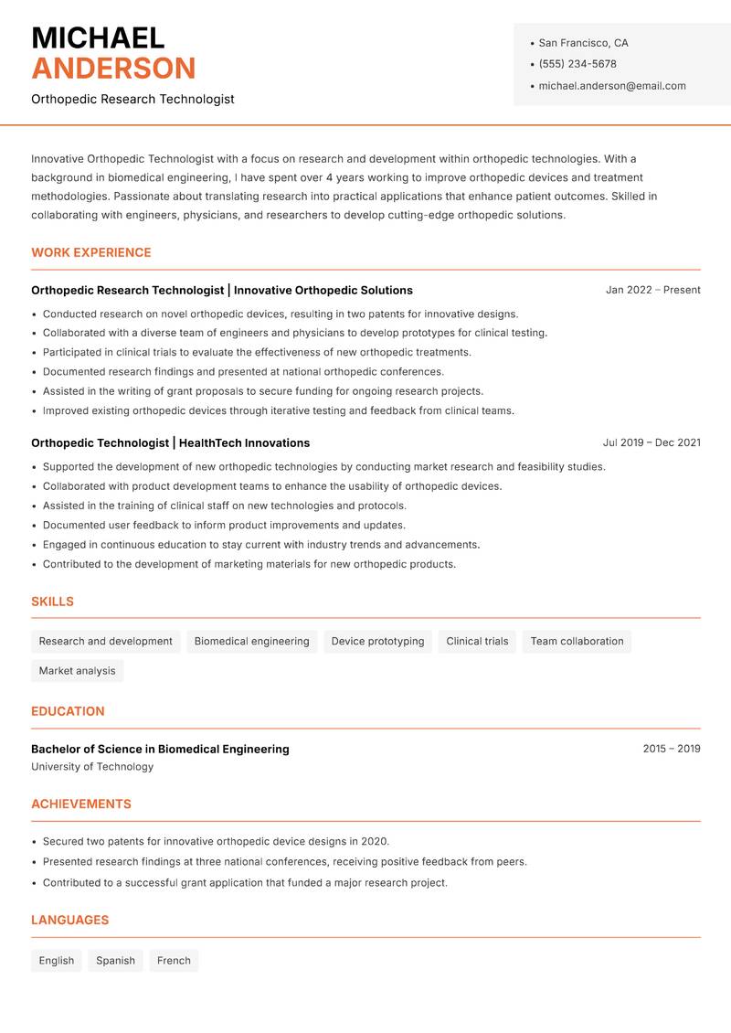 Orthopedic Technologist Resume Template