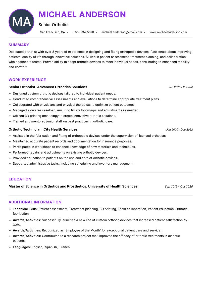 Orthotist Resume Preview Example