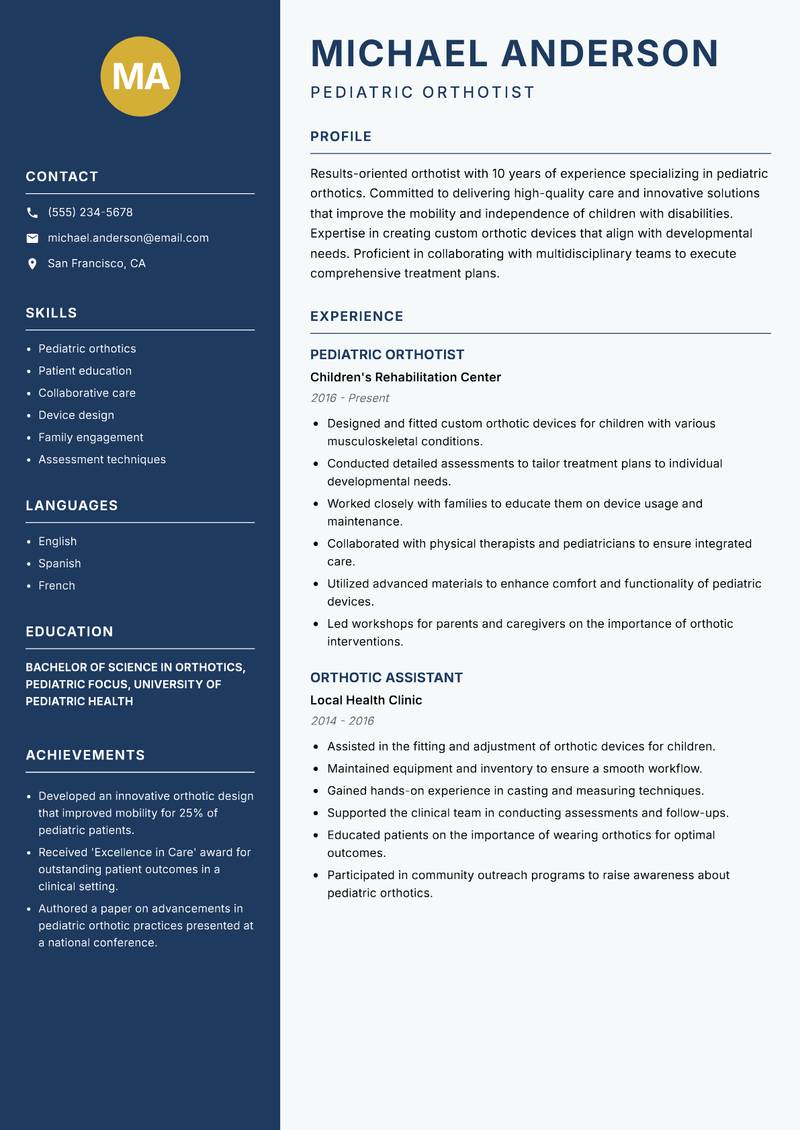 Orthotist Resume Preview Example
