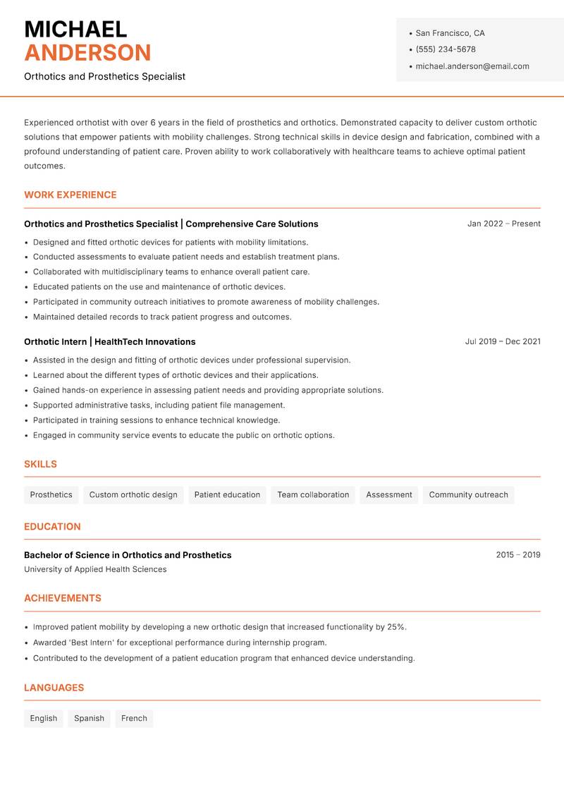 Orthotist Resume Template