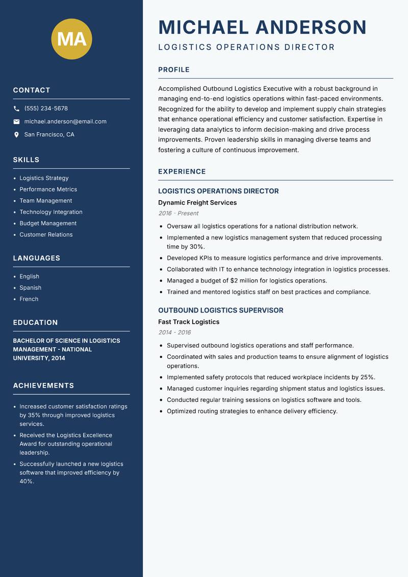 Outbound Logistics Executive Resume Preview Example