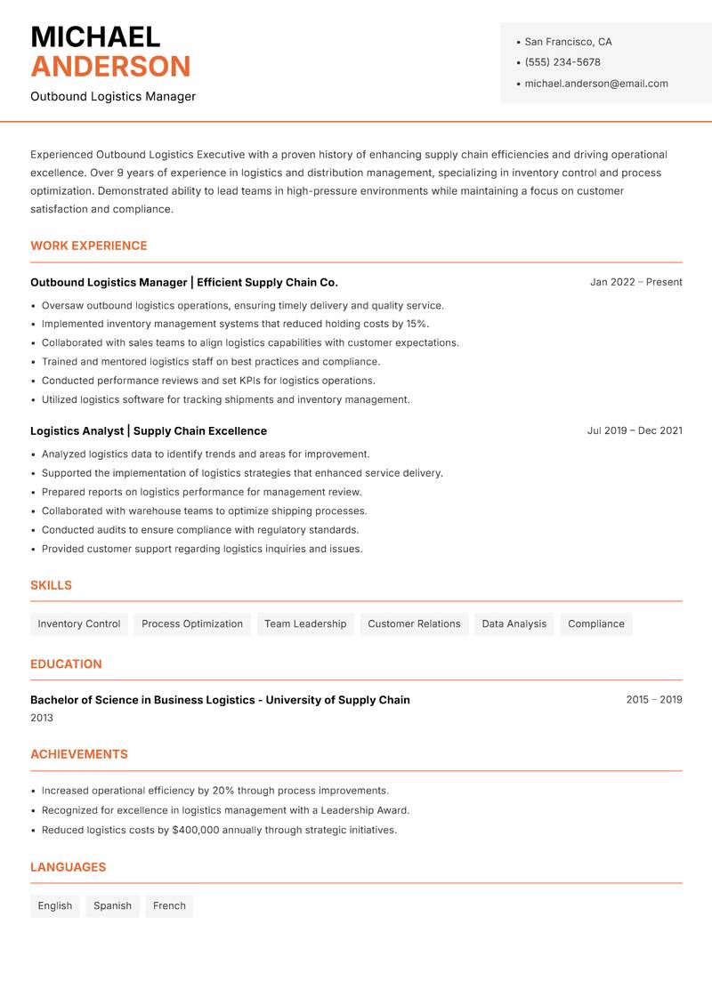 Outbound Logistics Executive Resume Template