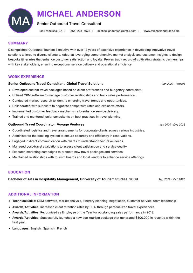 Outbound Tourism Executive Resume Preview Example
