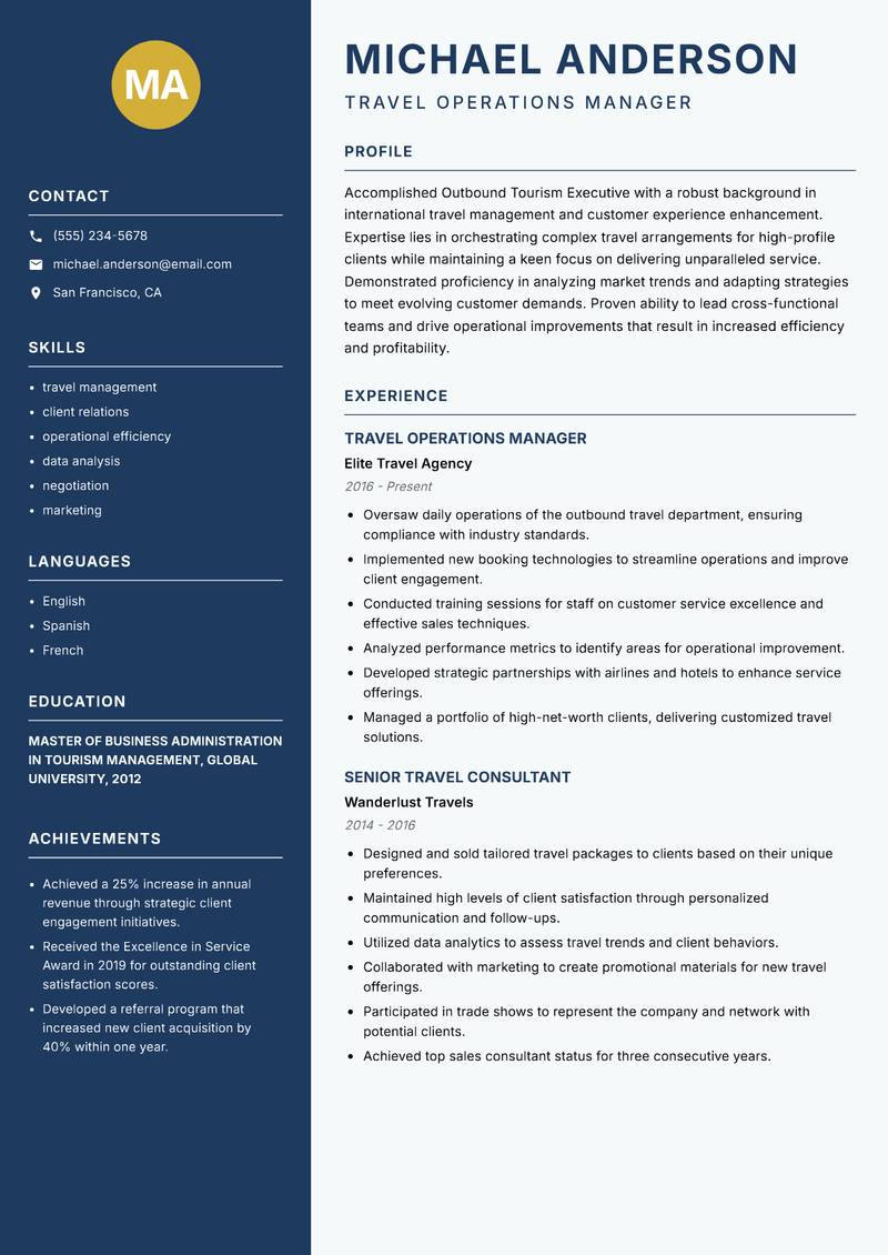 Outbound Tourism Executive Resume Preview Example