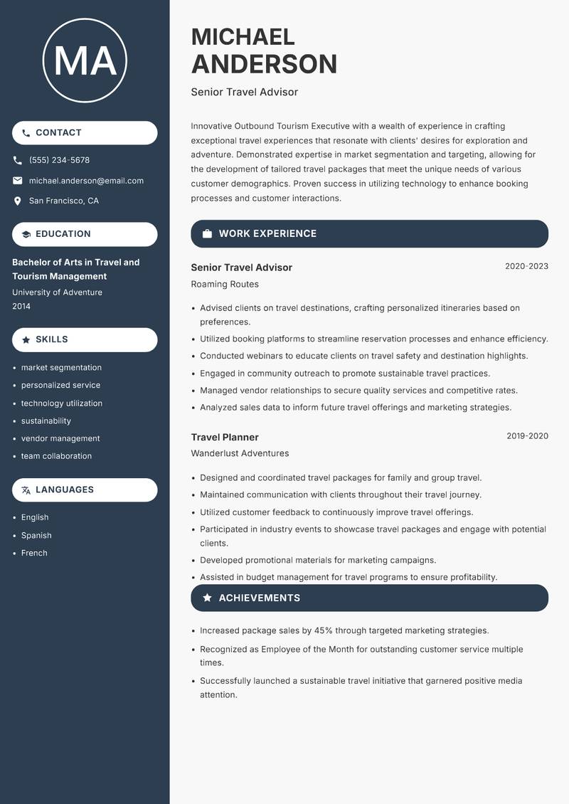 Outbound Tourism Executive Resume Preview Example