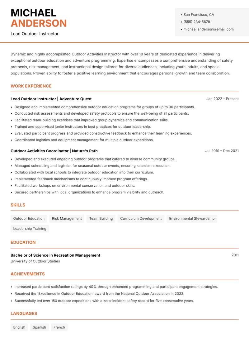 Outdoor Activities Instructor Resume Template
