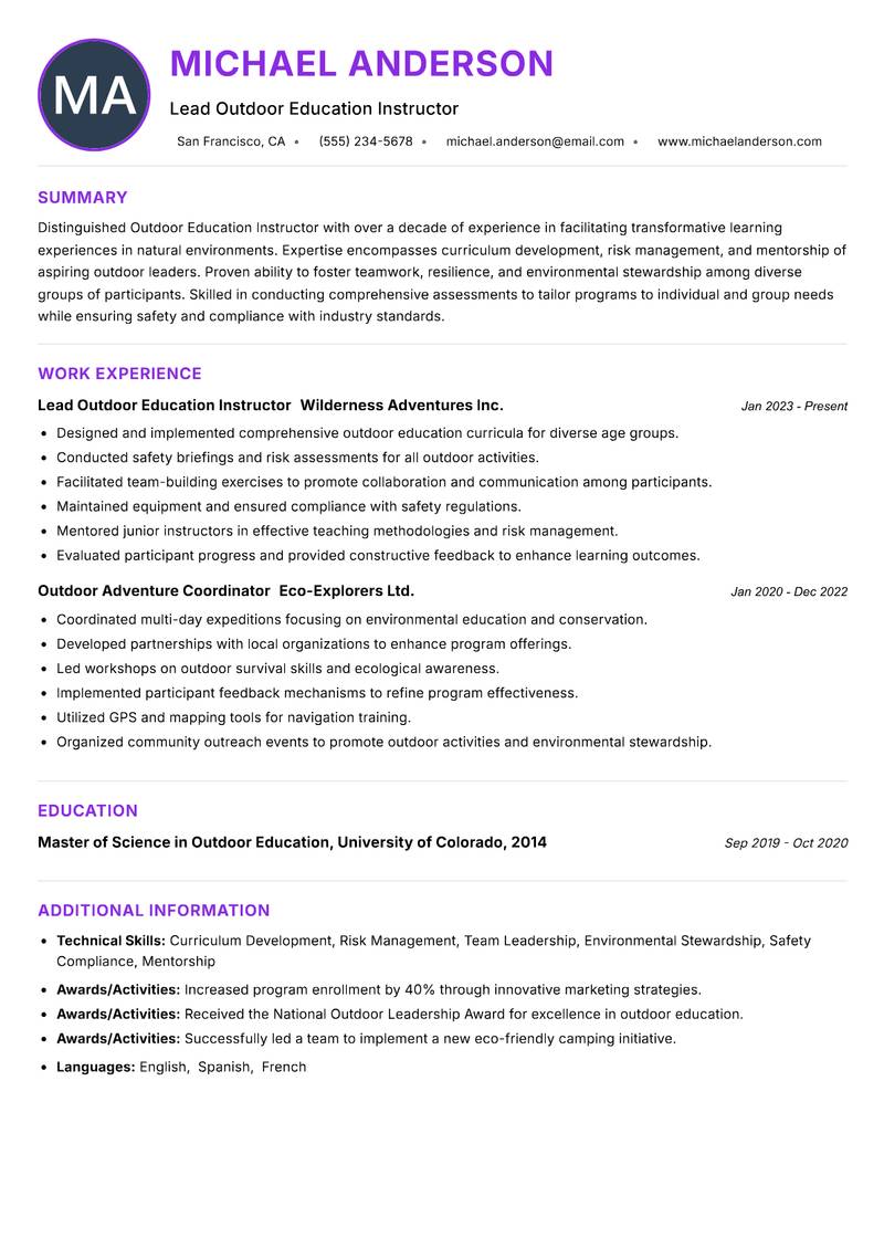 Outdoor Education Instructoreader Resume Preview Example