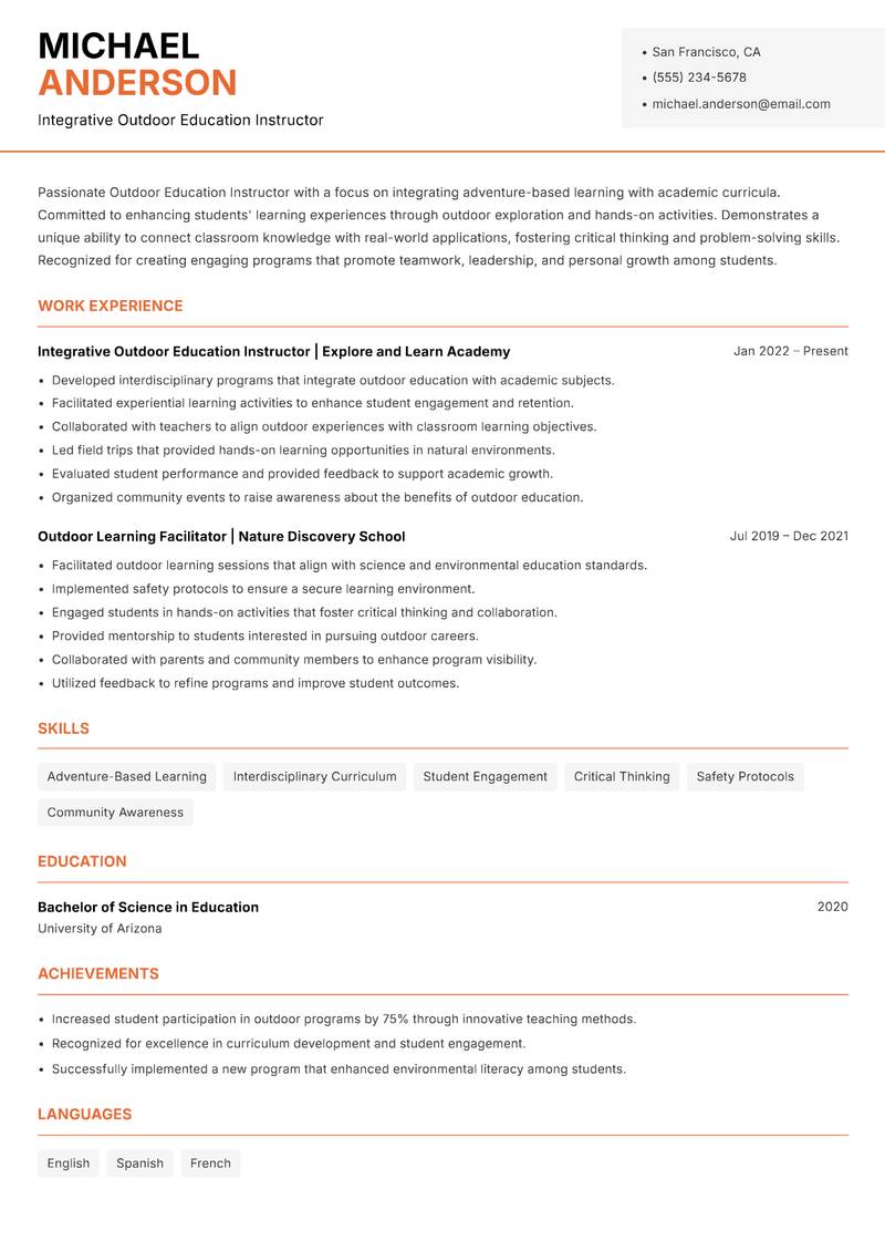 Outdoor Education Instructoreader Resume Template