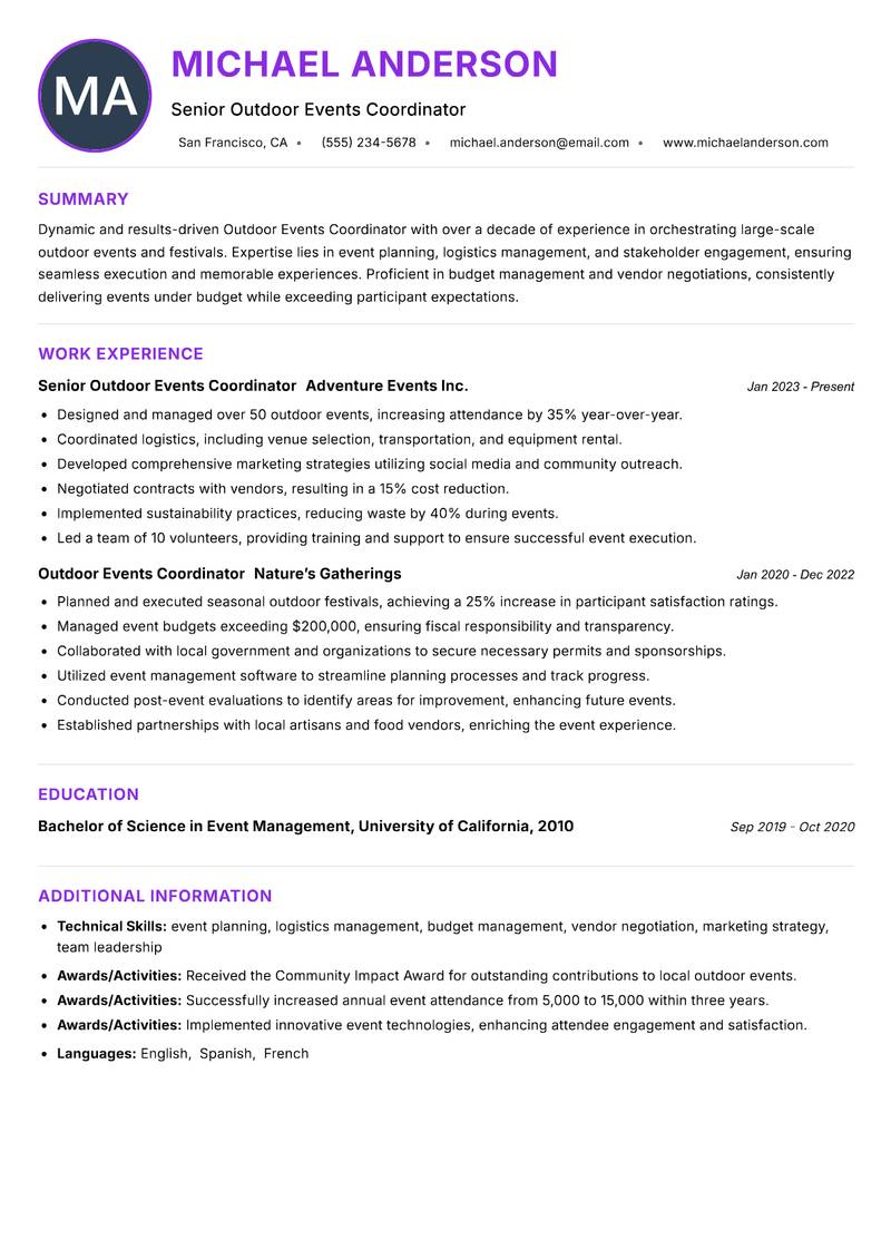 Outdoor Events Coordinator Resume Preview Example