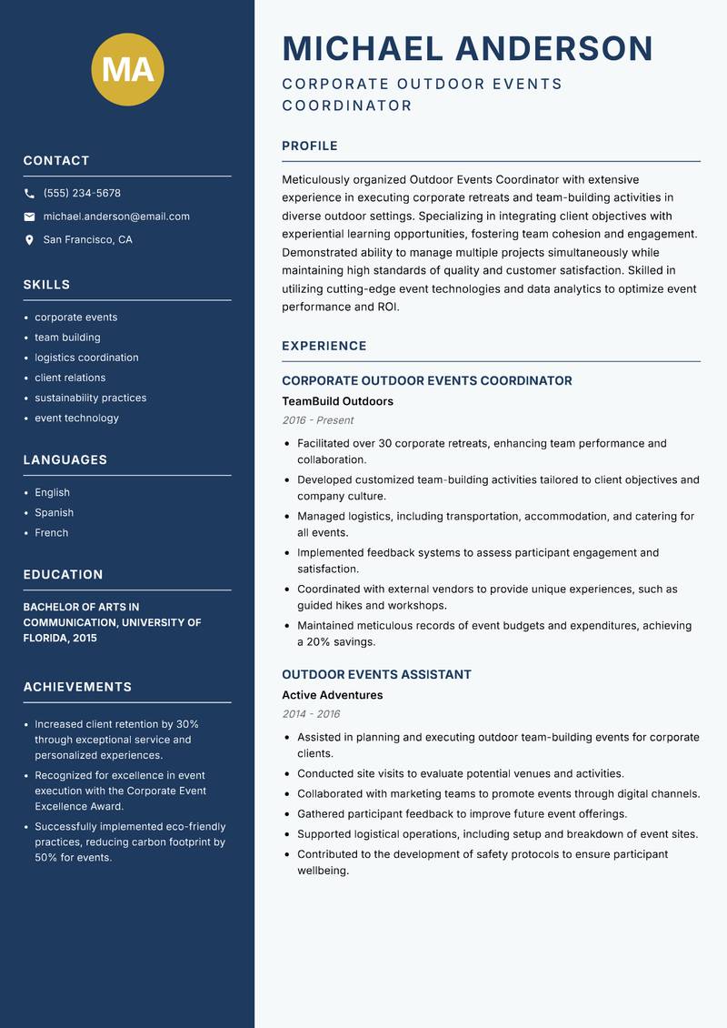 Outdoor Events Coordinator Resume Preview Example