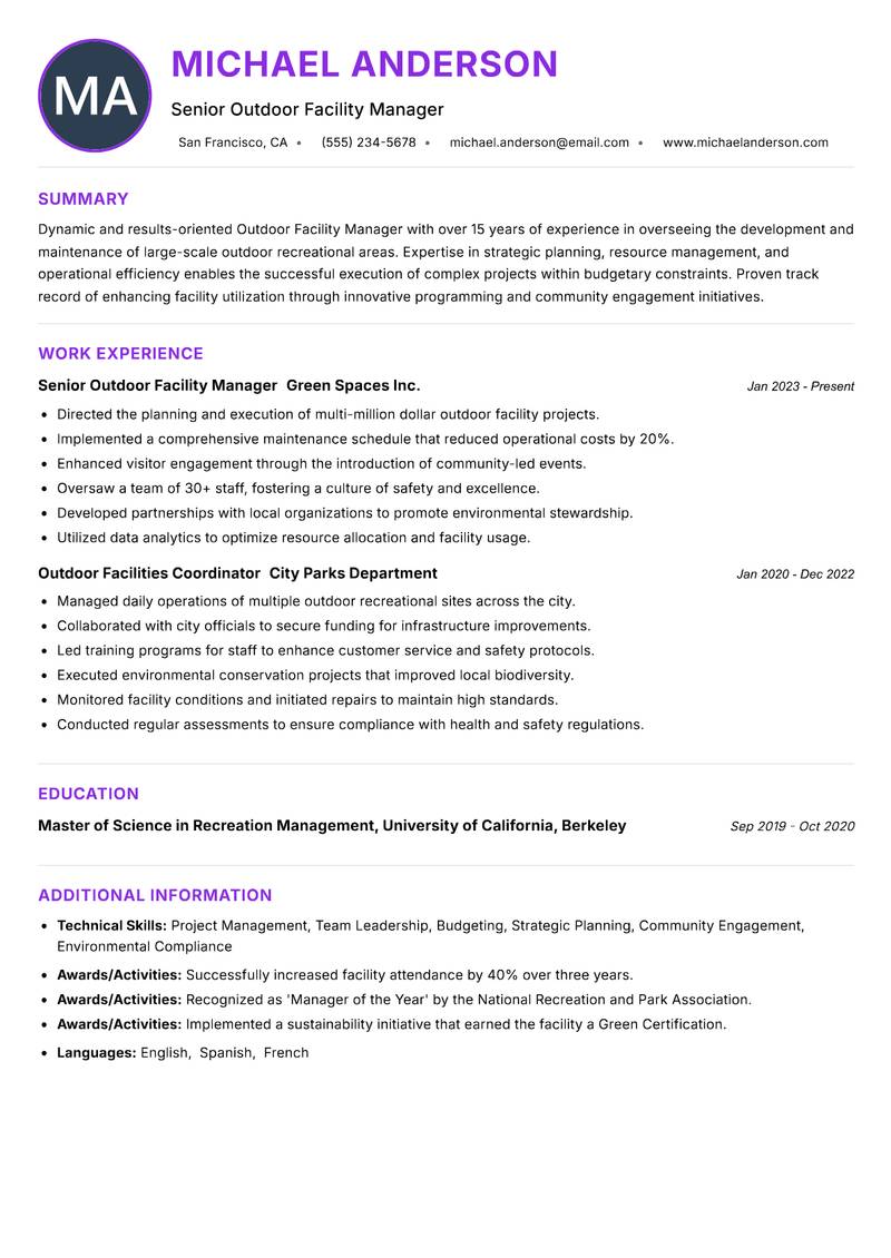 Outdoor Facility Manager Resume Preview Example