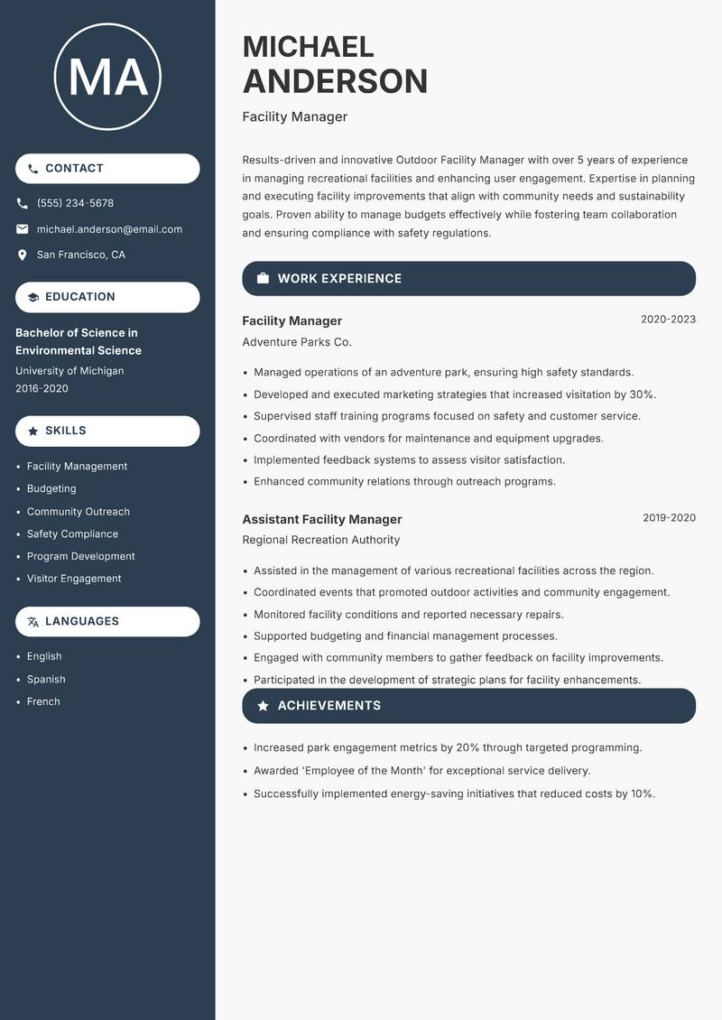Outdoor Facility Manager Resume Preview Example