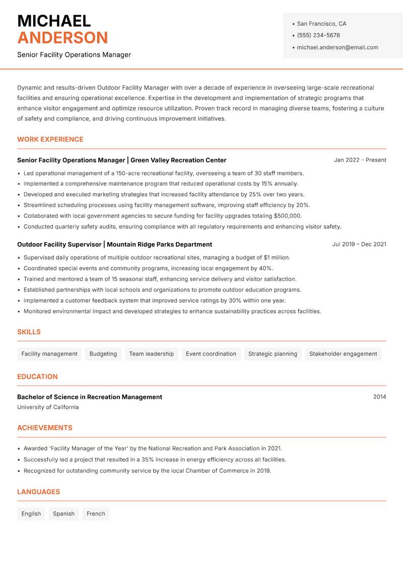 Outdoor Facility Manager Resume Template