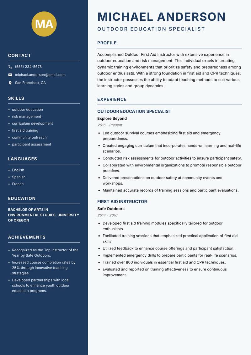 Outdoor First Aid Instructor Resume Preview Example