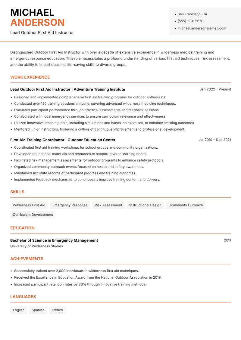 Outdoor First Aid Instructor Resume Template