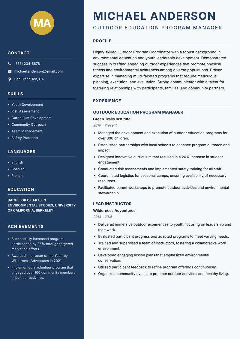 Outdoor Program Coordinator Resume Preview Example