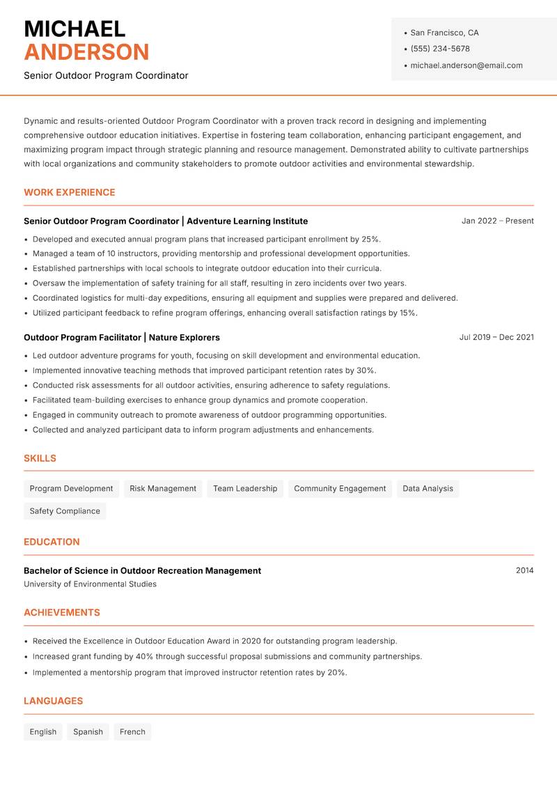 Outdoor Program Coordinator Resume Template
