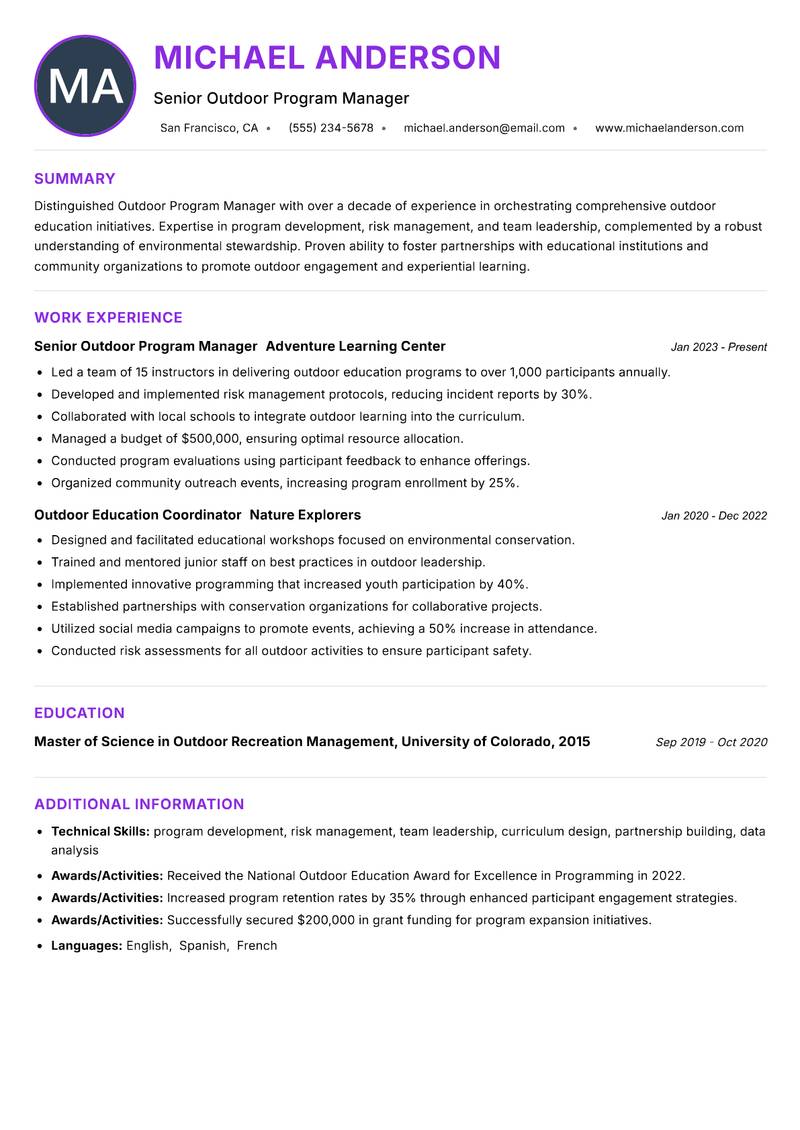 Outdoor Program Manager Resume Preview Example