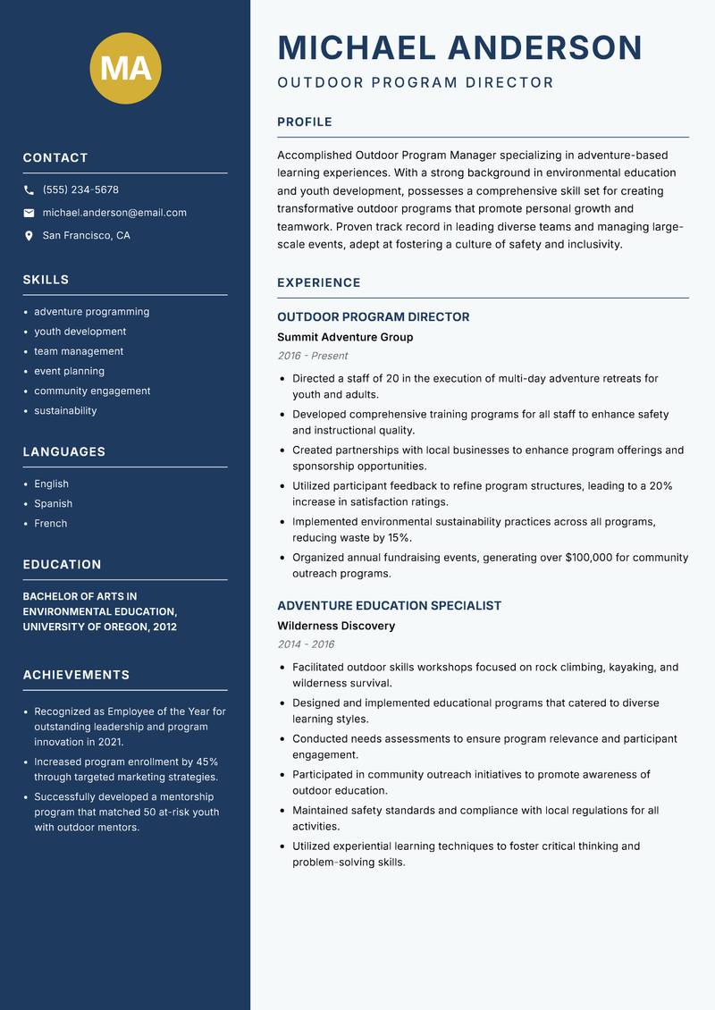 Outdoor Program Manager Resume Preview Example