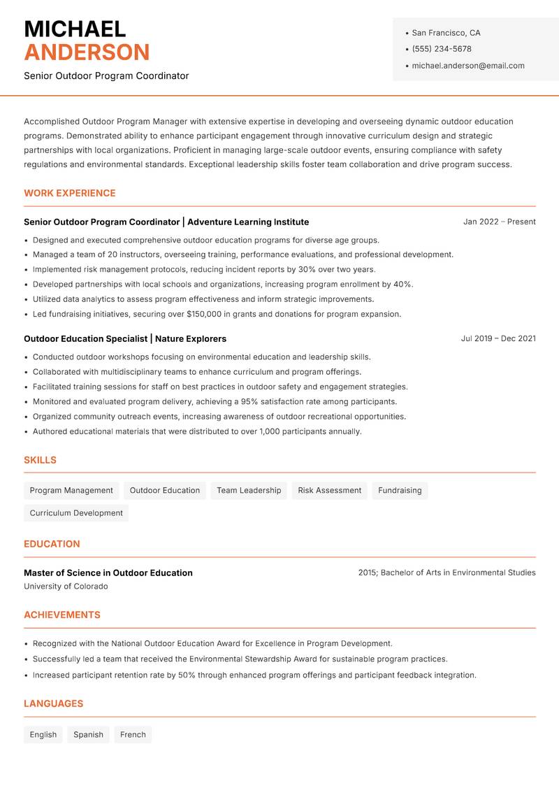 Outdoor Program Manager Resume Template