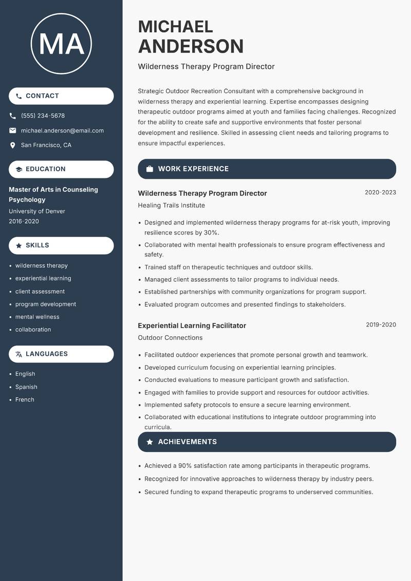 Outdoor Recreation Consultant Resume Preview Example