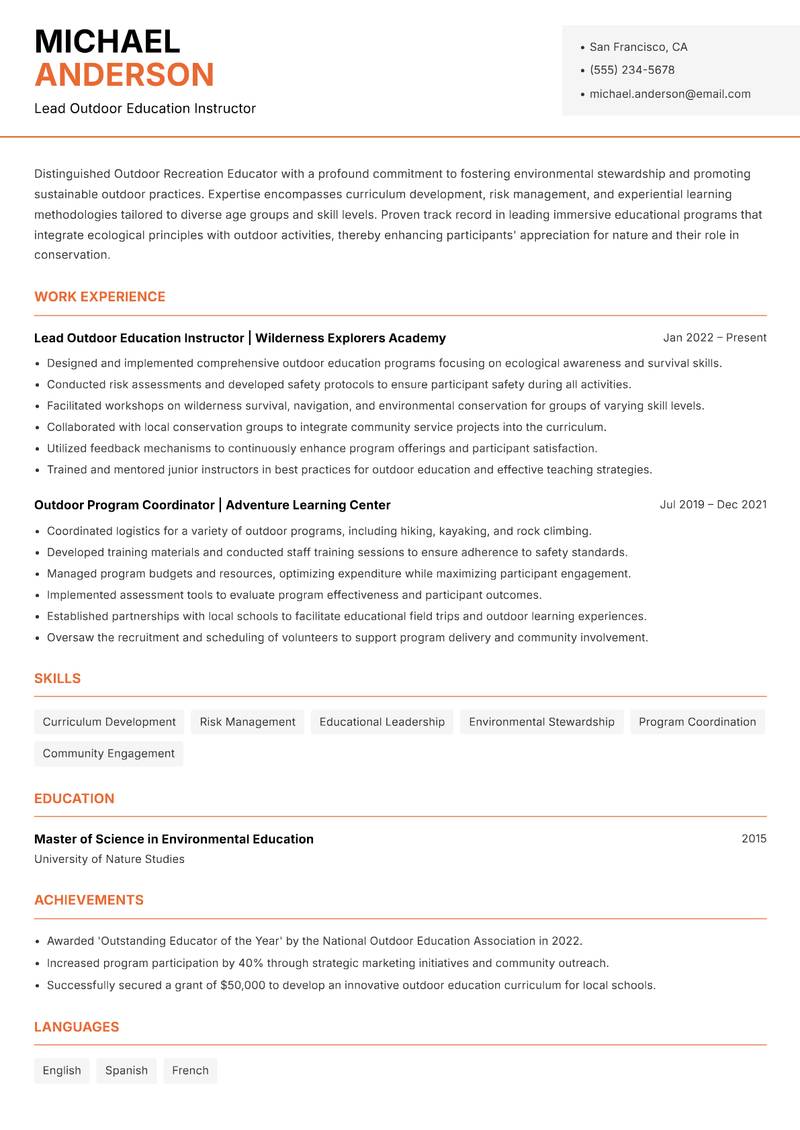 Outdoor Recreation Educator Resume Template