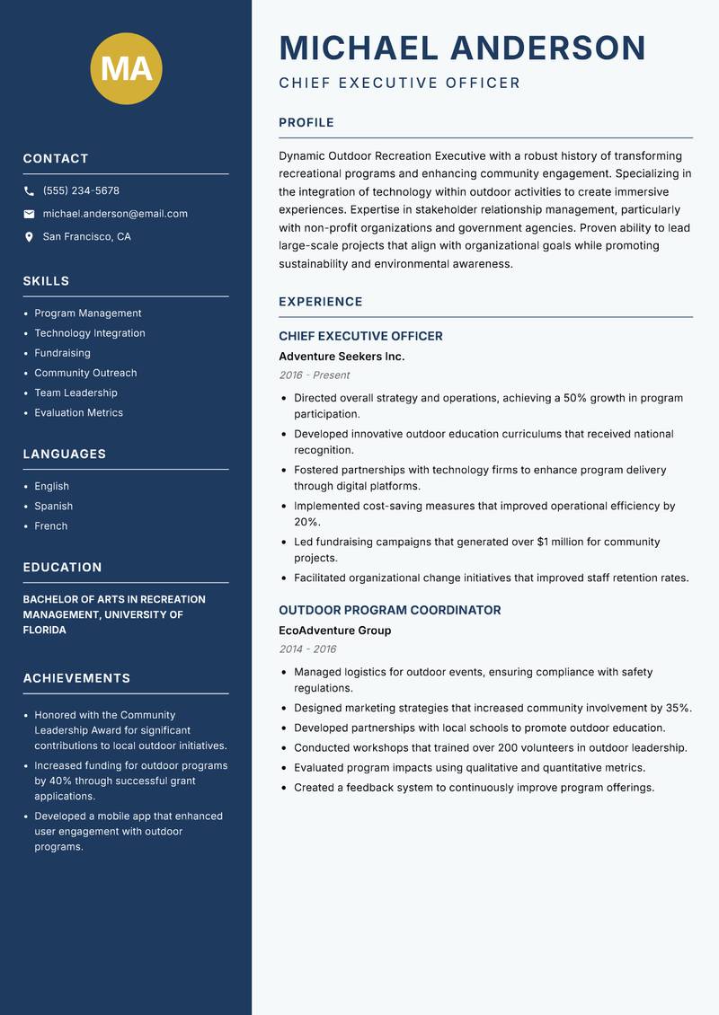 Outdoor Recreation Executive Resume Preview Example