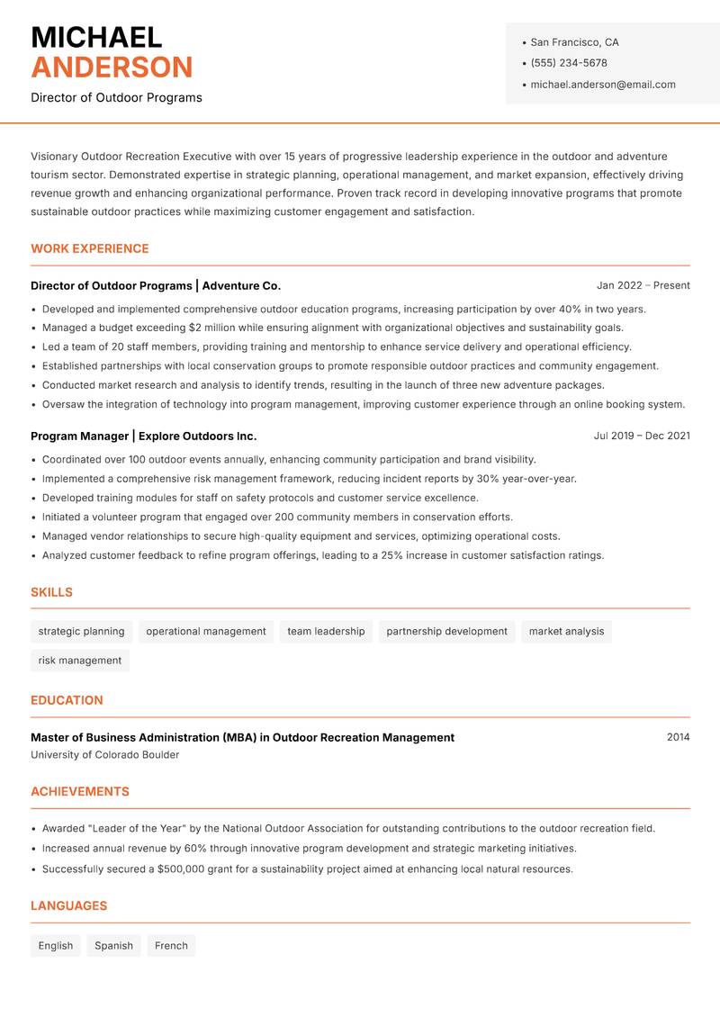 Outdoor Recreation Executive Resume Template
