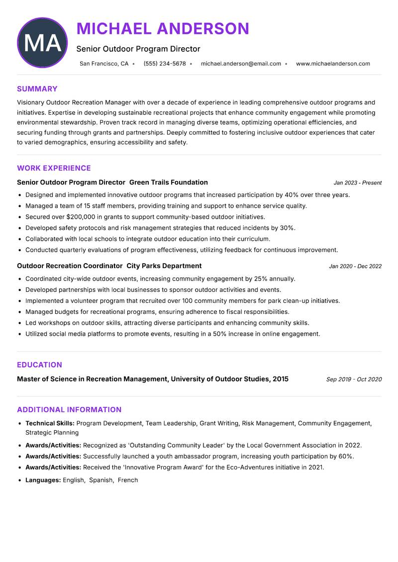 Outdoor Recreation Manager Resume Preview Example