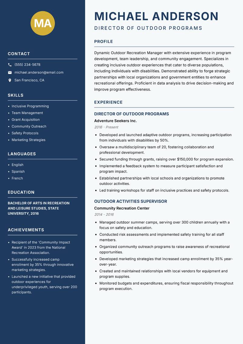 Outdoor Recreation Manager Resume Preview Example