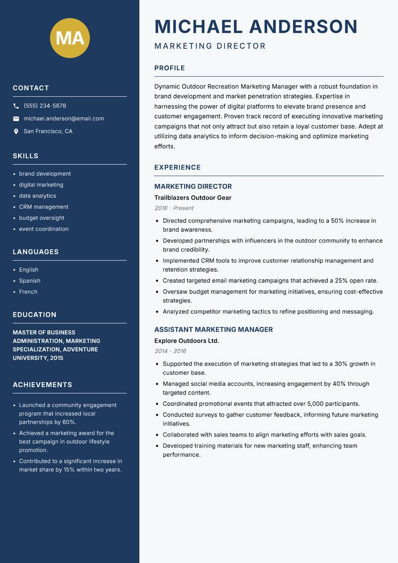 Outdoor Recreation Marketing Manager Resume Preview Example