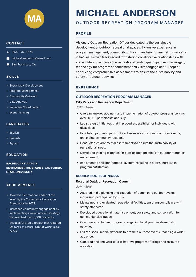 Outdoor Recreation Officer Resume Preview Example