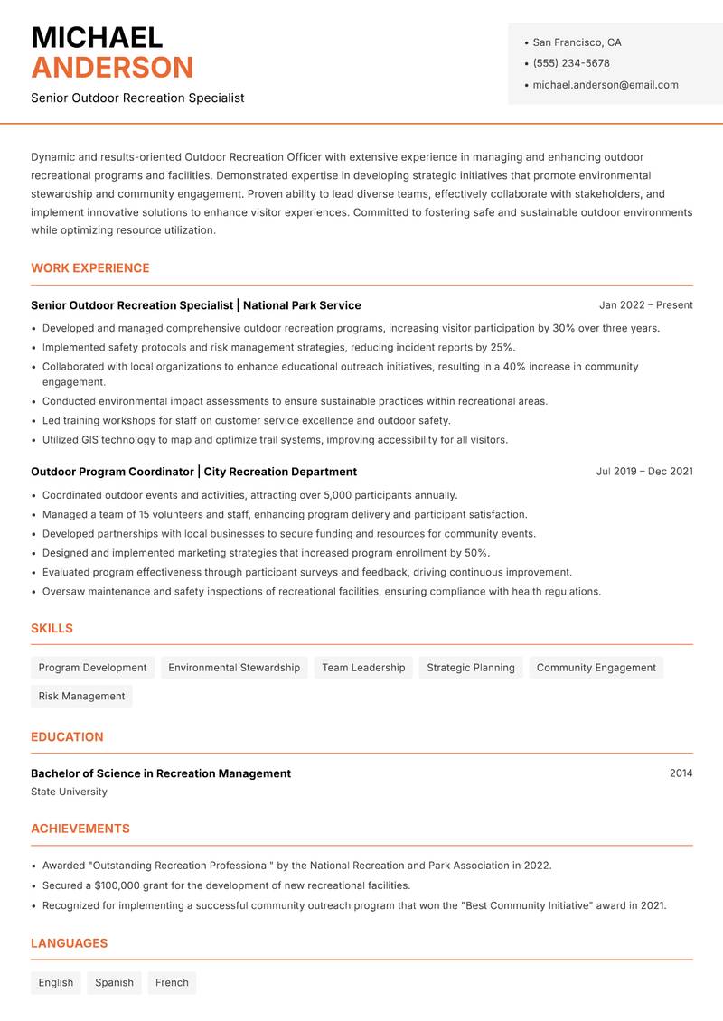 Outdoor Recreation Officer Resume Template