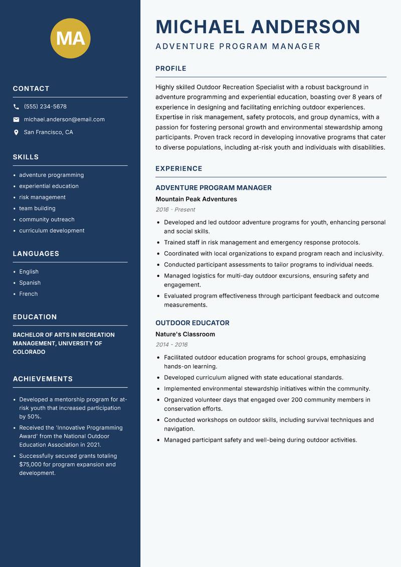 Outdoor Recreation Specialist Resume Preview Example