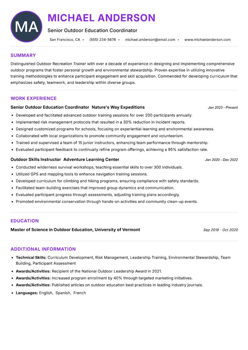 Outdoor Recreation Trainer Resume Preview Example