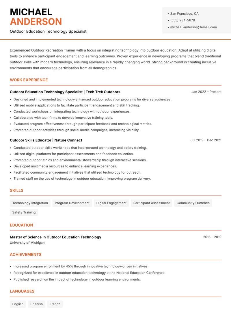 Outdoor Recreation Trainer Resume Template