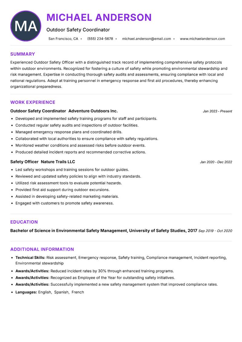 Outdoor Safety Officer Resume Preview Example