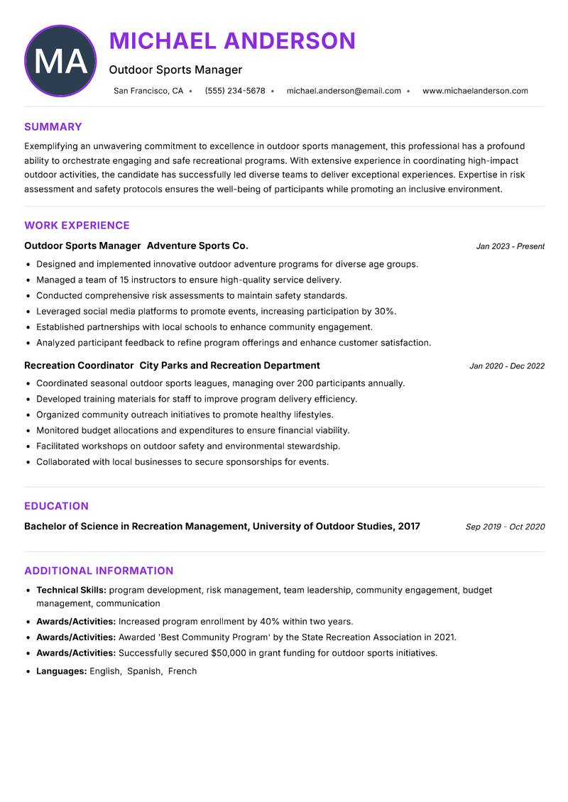 Outdoor Sports Coordinator Resume Preview Example