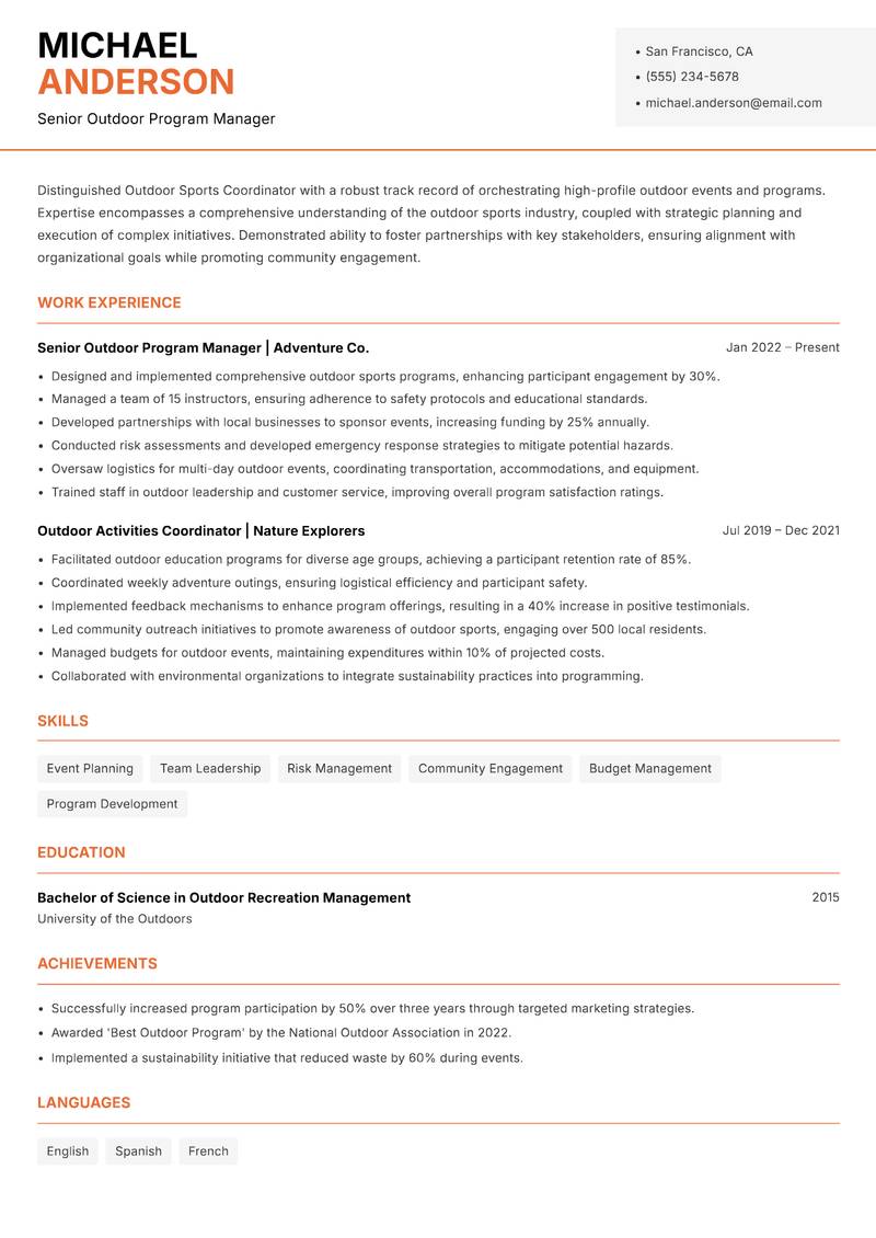 Outdoor Sports Coordinator Resume Template