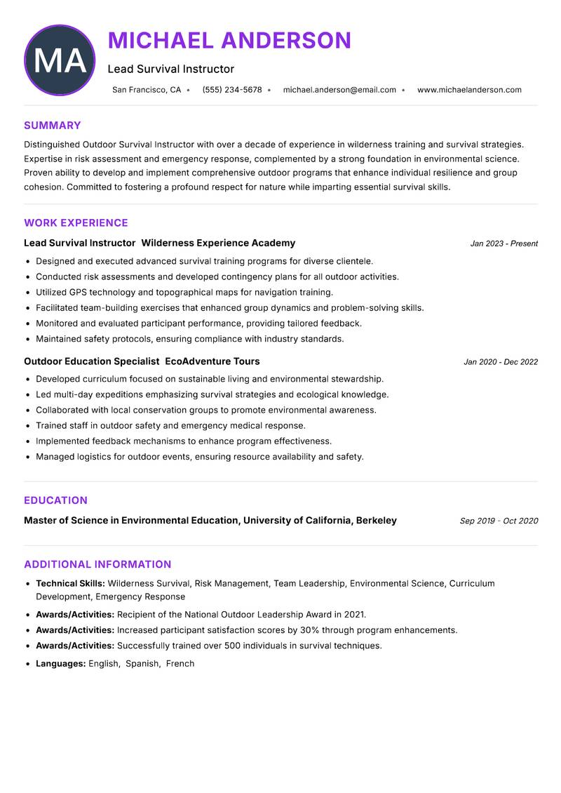 Outdoor Survival Instructor Resume Preview Example