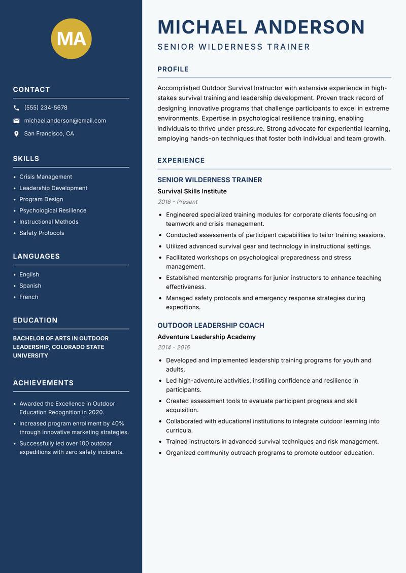 Outdoor Survival Instructor Resume Preview Example