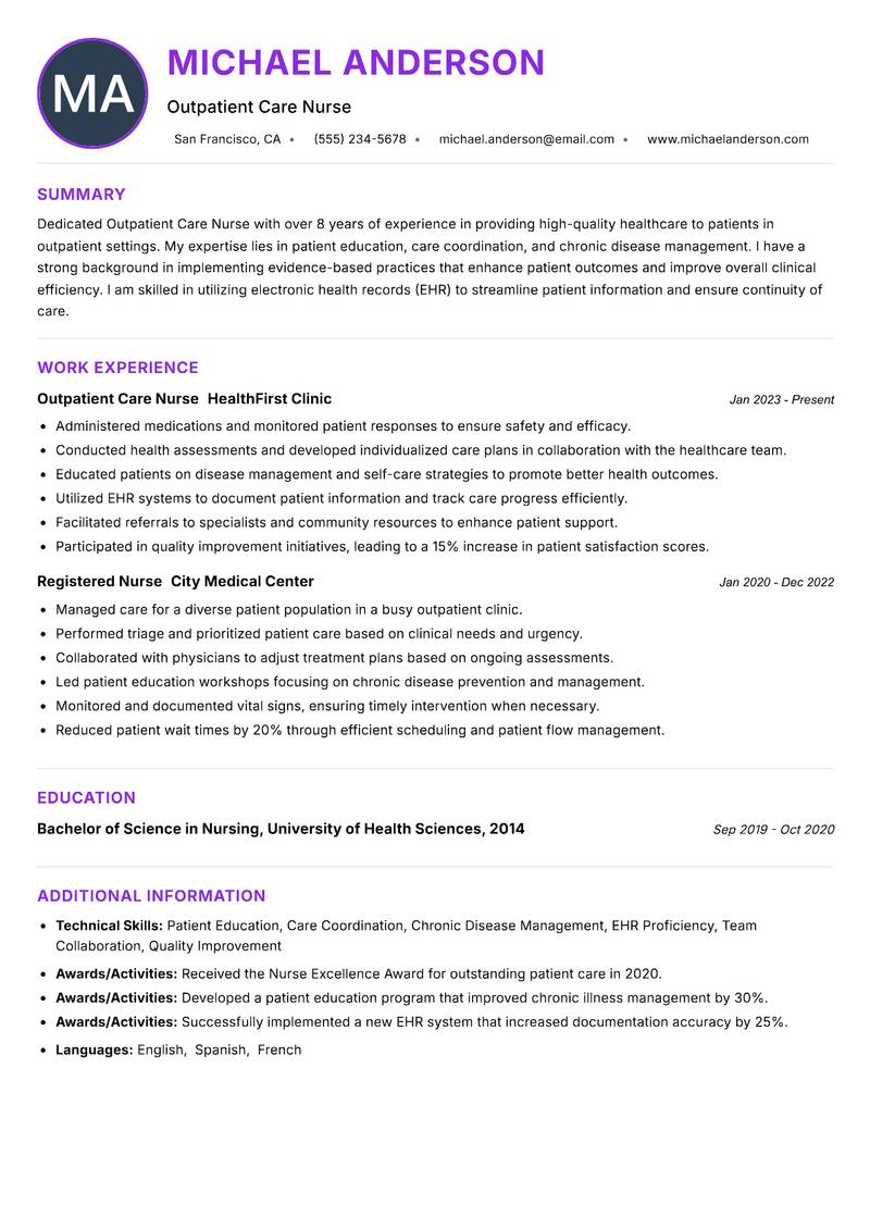 Outpatient Care Nurse Resume Preview Example