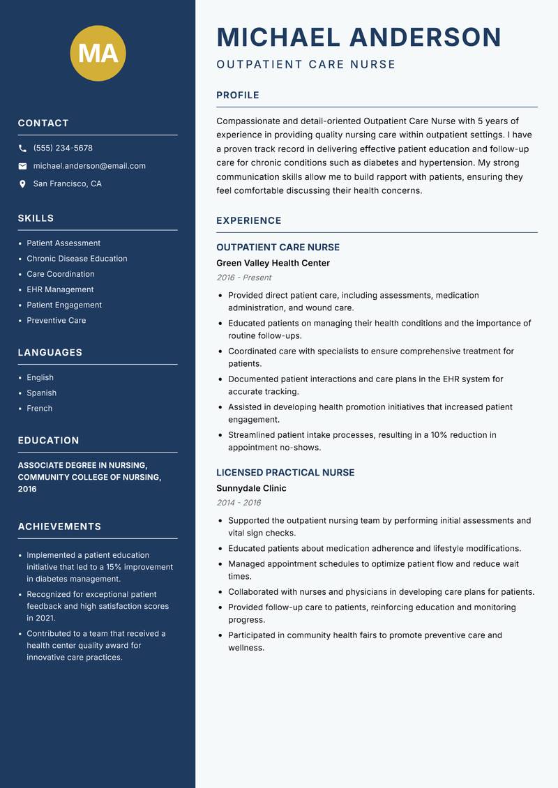 Outpatient Care Nurse Resume Preview Example