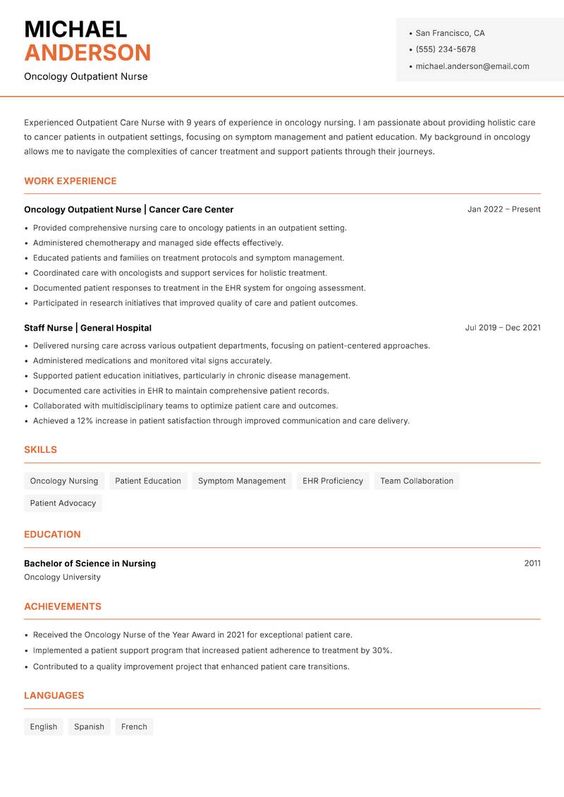 Outpatient Care Nurse Resume Template