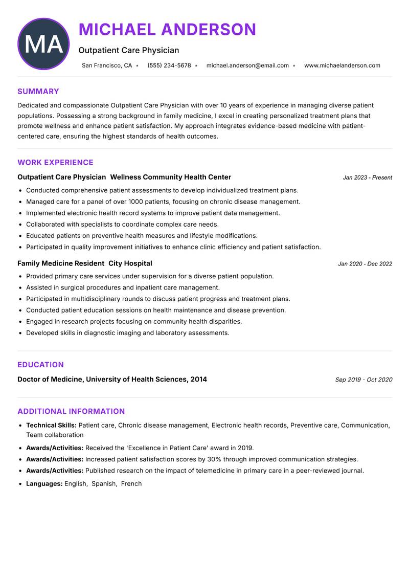 Outpatient Care Physician Resume Preview Example