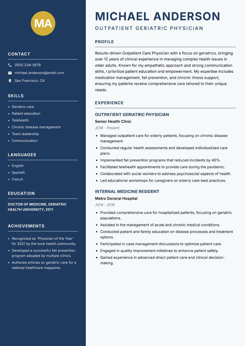 Outpatient Care Physician Resume Preview Example